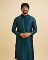 Teal Blue Jaal Patterned Kurta Set with Floral Buta Motifs